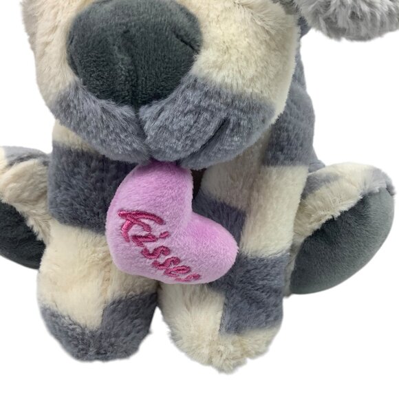 KellyToy Striped Gray & White Plush Dog Toy Holding Pink "Kisses" Heart 10.5” - Picture 3 of 9